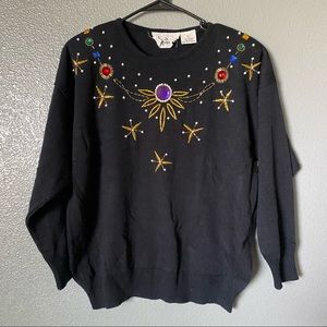 NWT Eva Cervantes Vintage Black Retro Rhinestone Holiday Sweater Size L Black